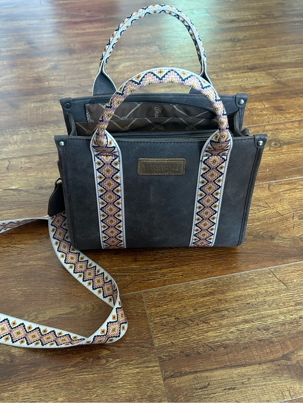 Wrangler Brown Shoulder Tote with Patterned Woven Straps